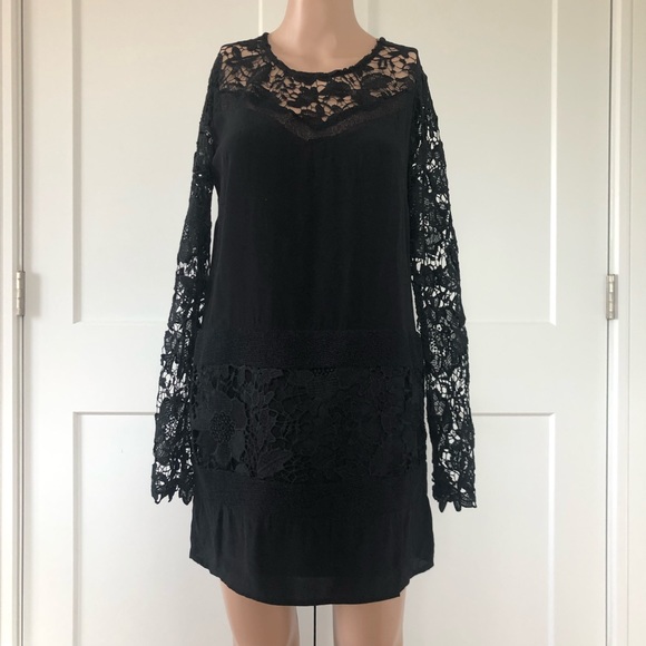 ASTR Silk Long Sleeve Lace Shift Black Mini Dress XS - Picture 3 of 6